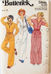 5889 Butterick 1979 Straight Leg Zippy Elastic Back Tied Pocket Jumpsuit Pattern 10 Cut